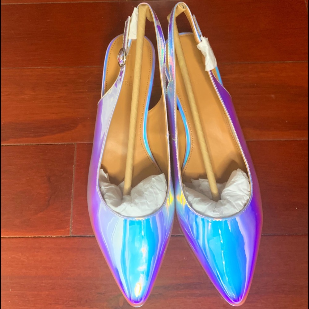 Holographic Slingback low block heels